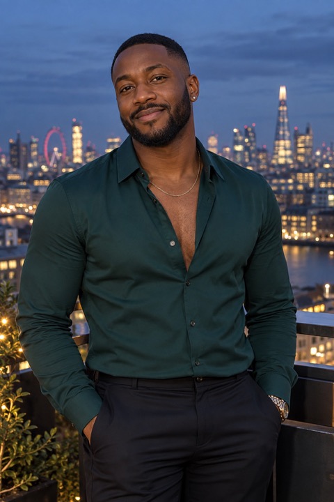 Andre on a London rooftop in an emerald shirt