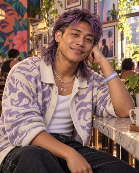 Ari, a fashion-forward Filipino trans man with lavender hair and piercings