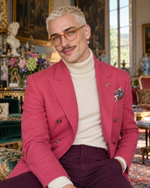 Julien in colourful French tailoring at a château