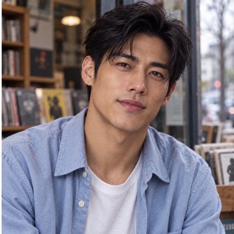Kenji in a bright record shop wearing a casual blue shirt