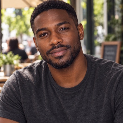 Marcus relaxing at a bright daytime café