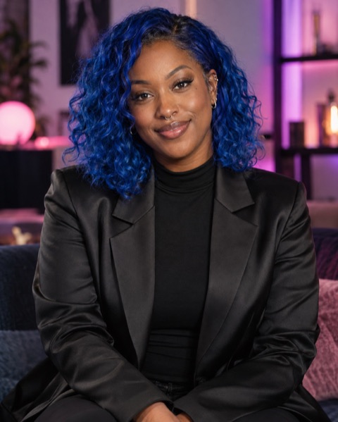 Nova, a Black Caribbean British trans woman with blue hair