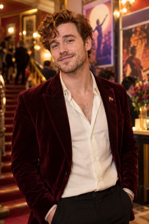 Theo in a burgundy velvet jacket at a London theatre