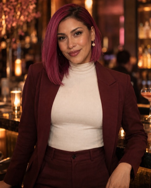 Valentina, a Brazilian Latina trans woman with magenta hair